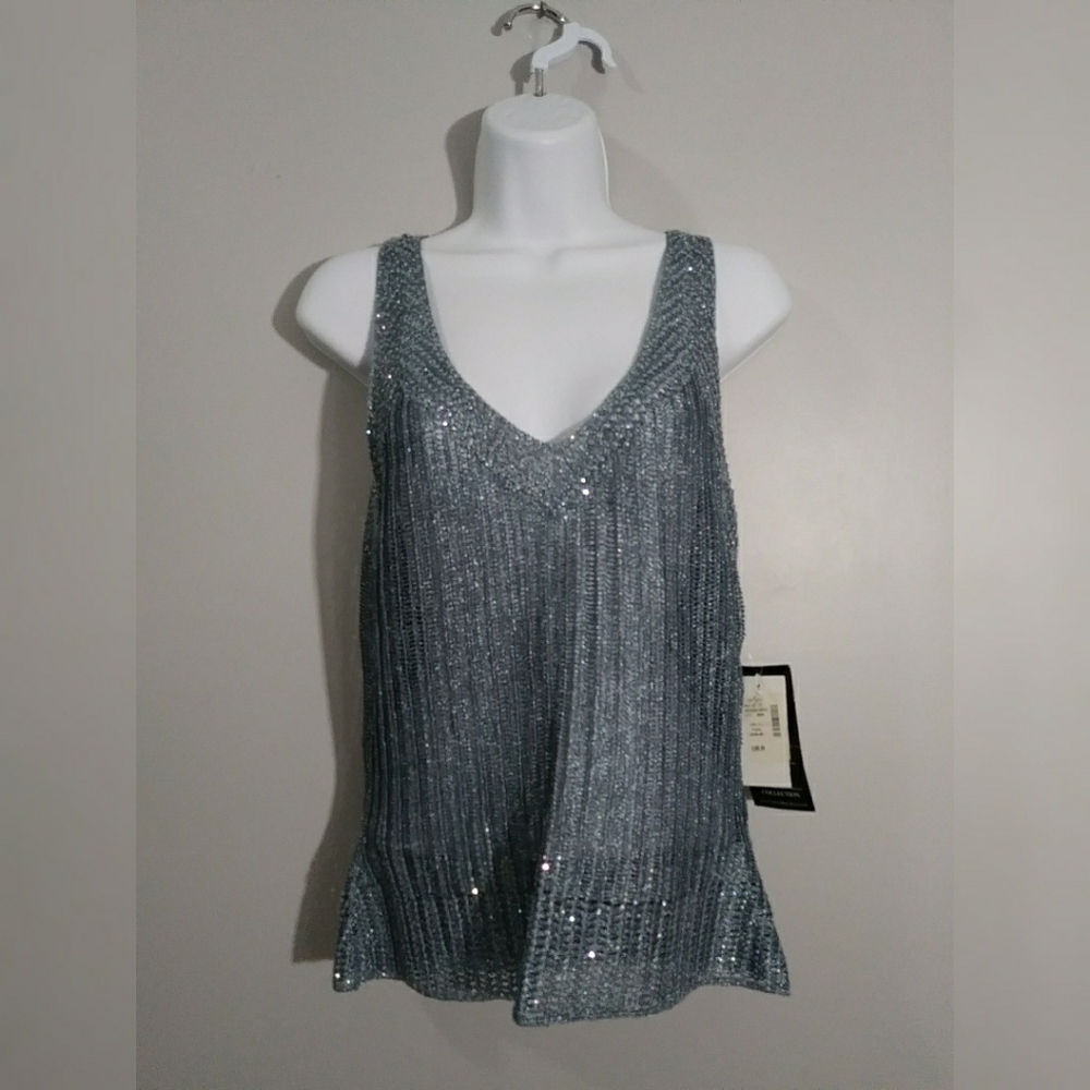 Carmen Marc Valvo Silver Sequin Tank Top